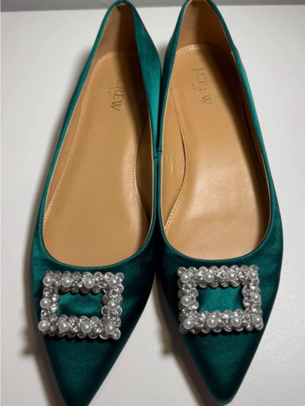 J. Crew Teal Satin Pointed Flats with Pearl Crystal Buckles